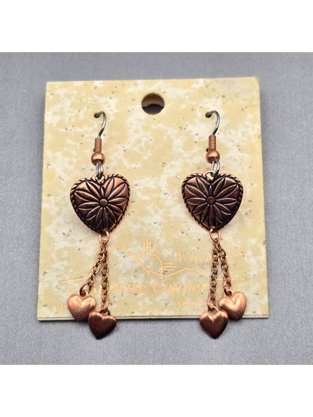 Vintage Wheeler Heart-Shaped Copper Dangle Earrings 2" Chain Fringe w/ Hearts So
